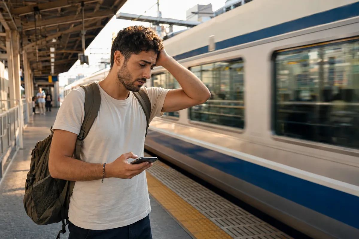 מטייל מבולבל על רציף רכבת ביפן מסתכל בטלפון בזמן שהרכבת עוברת